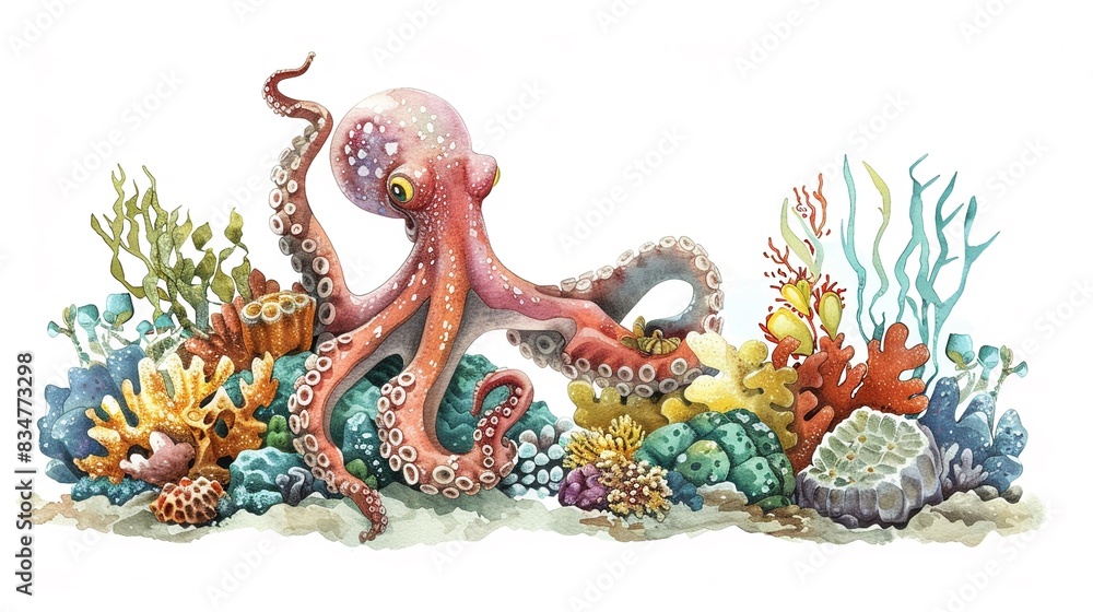 Obraz premium Octopus hiding in a coral reef, complete with a cute,The scene is set against a pure white background