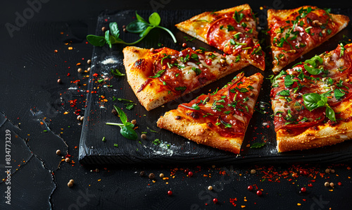 Delicious Slices of Pepperoni Pizza with Fresh Herbs and Spices on Black Background, Perfect for Italian Food Lovers