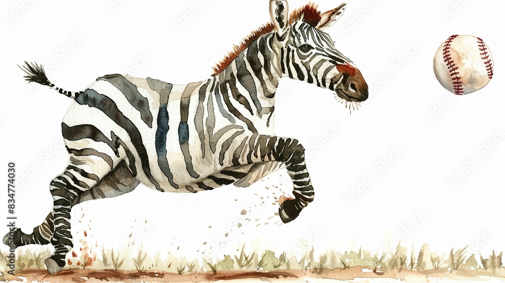 Obraz premium Zebra as a baseball pitcher in motion, complete with a cute,The scene is set against a pure white background