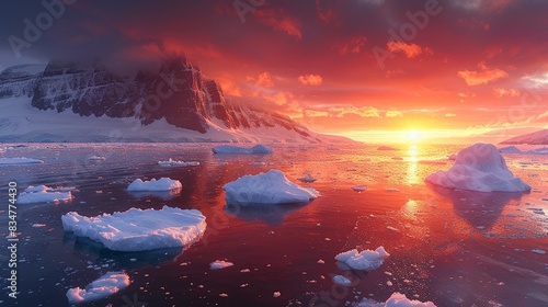 Polar ice caps melting against a fiery sunset  serving as a poignant visual of the consequences of global warming on rising sea levels and polar ecosystems.