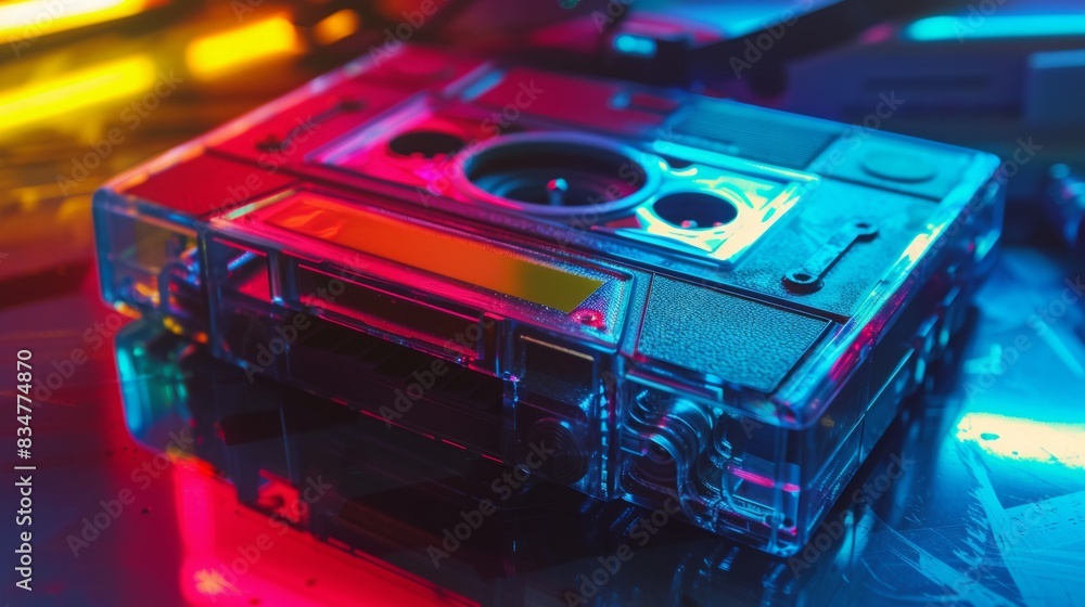 Compact cassette laid on a desk, backdrop with a spectrum of vivid
