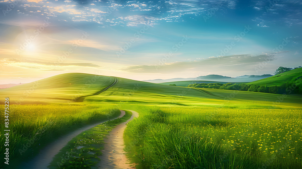 Picturesque winding path through a green grass field in hilly area in morning at dawn against blue sky with clouds. Natural panoramic spring summer landscape. Picturesque winding path through a green grass field in hilly area in morning at dawn against blue sky with clouds. Natural panoramic spring summer landscape.