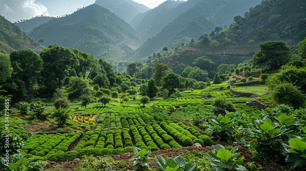 A desertification-prone landscape contrasted with lush greenery, illustrating the gradual degradation of land from unsustainable farming practices. A desertification-prone landscape contrasted with lush greenery, illustrating the gradual degradation of land from unsustainable farming practices.