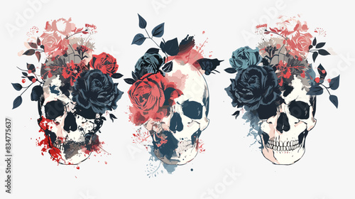Skulls with roses and leaves, grunge vector illustration