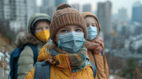 A family wearing face masks in a polluted cityscape, emphasizing the public health implications of air pollution and the need for clean air initiatives. photo