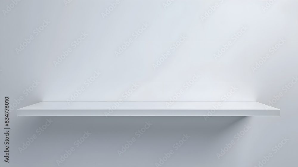Universal minimalistic background for product presentation. White empty shelf on a light gray wall. Universal minimalistic background for product presentation. White empty shelf on a light gray wall.