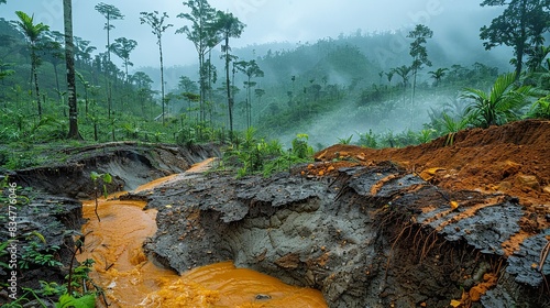 A deforested hillside eroded by rainfall, exemplifying the cascading environmental effects of deforestation on soil erosion and biodiversity loss. photo