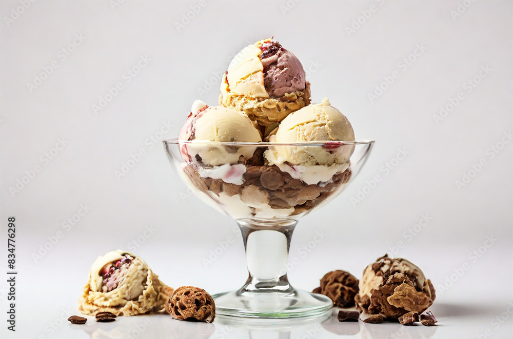 ice cream with chocolate in a glass bowl isolated on a white background ice cream with chocolate in a glass bowl isolated on a white background