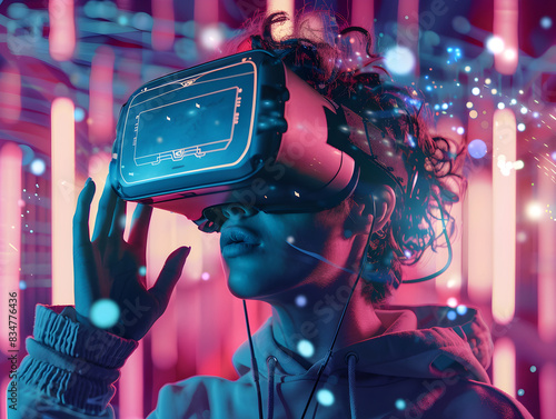A person wearing a virtual reality headset, immersed in a digital world full of possibilities. © ron