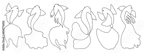 Set of graphic fish. Black and white contour drawing with various sea animals. Koi fish symbol outline. Linear sketch of children's coloring book in doodle style. Undersea world. Ocean dwellers
