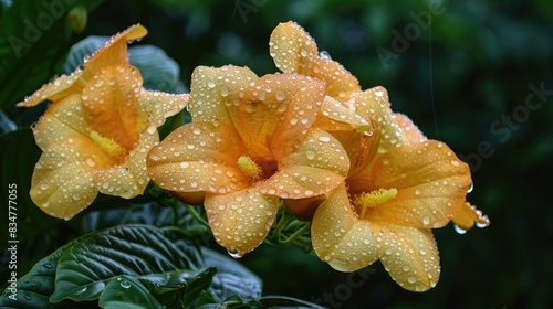 Dew covered Allamanda cathartica also known as the golden trumpet vine or yellow allamanda photo