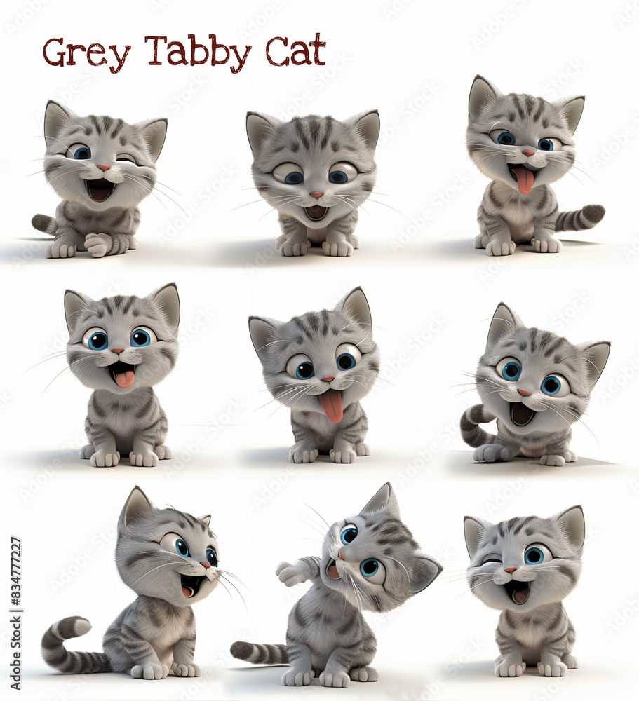 Obraz premium Set of nine adorable and expressive cartoon grey tabby cat illustrations, perfect for various designs