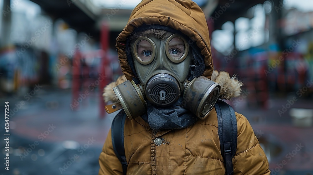 A child wearing a gas mask in a polluted playground, representing the vulnerability of future generations to environmental hazards. A child wearing a gas mask in a polluted playground, representing the vulnerability of future generations to environmental hazards.