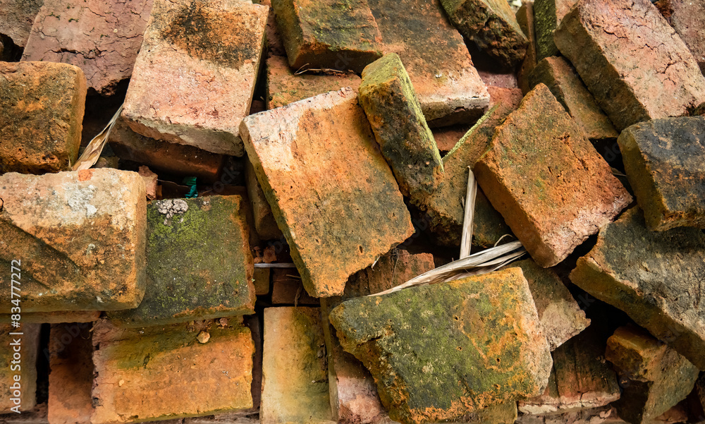 red bricks arranged randomly because they were thrown away due to broken red bricks arranged randomly because they were thrown away due to broken