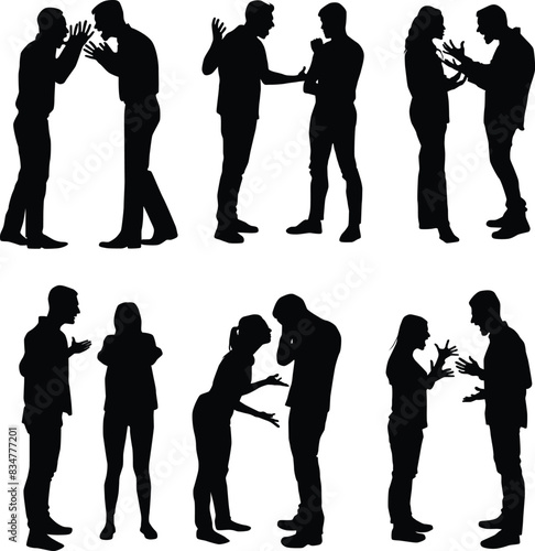 Set of people arguing silhouette illustration. Two people discuss in various pose. Men and women talking in black color.