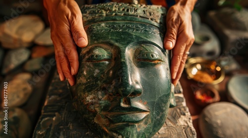 The image shows a mysterious green mask with glowing eyes and an ancient civilization vibe. photo