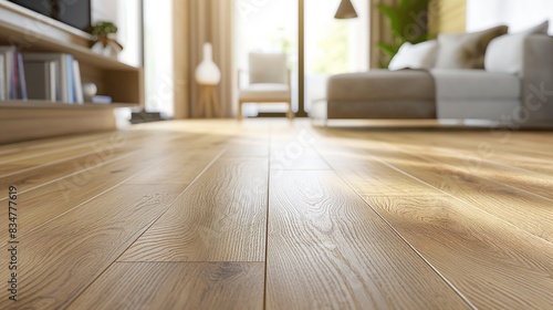 Close up of light brown hardwood flooring in a modern living room.