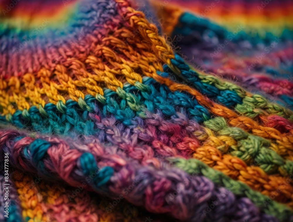 Crochet sweater with many colors of the rainbow. Multicolored crochet blanket with a rainbow pattern. Created by artificial intelligence Crochet sweater with many colors of the rainbow. Multicolored crochet blanket with a rainbow pattern. Created by artificial intelligence