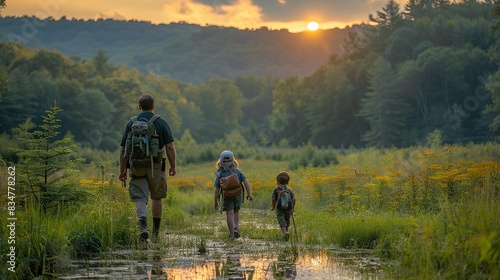 A family hiking through a restored forest ecosystem, experiencing firsthand the benefits of reforestation for biodiversity and carbon sequestration.