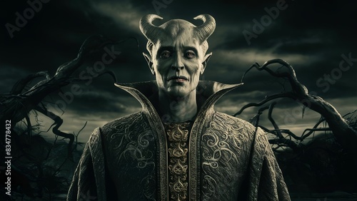 portrait of Asmodeus is a king of demons, realistic, proud, showcasing sadness and power, illustration, cinematic photo