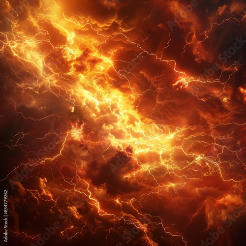 Fiery Electric Storm Background with Striking Orange Lightning © patungkead