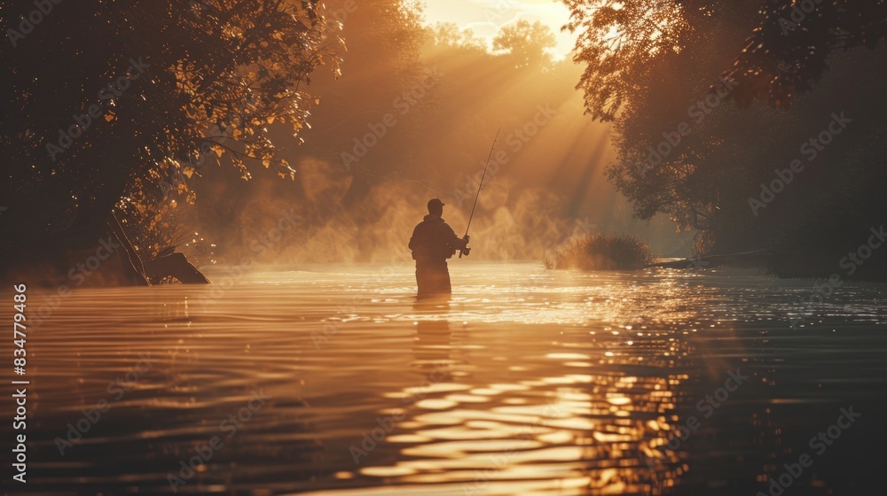 Angler's paradise: A solitary fisherman enjoys the solitude of the river, casting his line into the water in search of the perfect catch. A fisherman casting his line into the river Angler's paradise: A solitary fisherman enjoys the solitude of the river, casting his line into the water in search of the perfect catch. A fisherman casting his line into the river