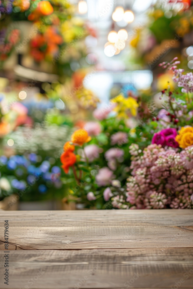 A wooden counter in the foreground with a blurred background of a flower shop. The background features various bouquets, potted plants, floral arrangements, and a colorful, fragrant display. A wooden counter in the foreground with a blurred background of a flower shop. The background features various bouquets, potted plants, floral arrangements, and a colorful, fragrant display.