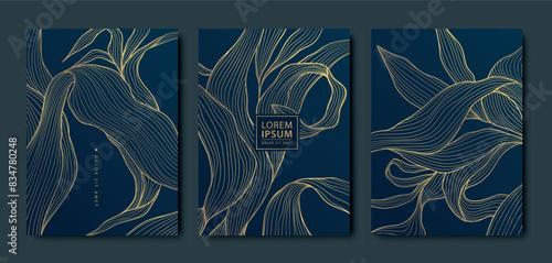 Vector set of luxury leaf gold backgrounds, flower patterns, abstract floral cards. Frames, beauty texture templates, art plant covers, elegant posters