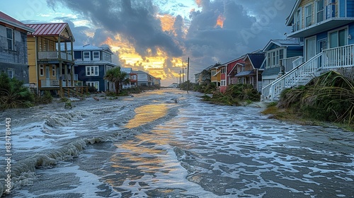 A coastal community bracing for a storm surge, emphasizing the vulnerability of coastal regions to extreme weather events intensified by climate change. photo