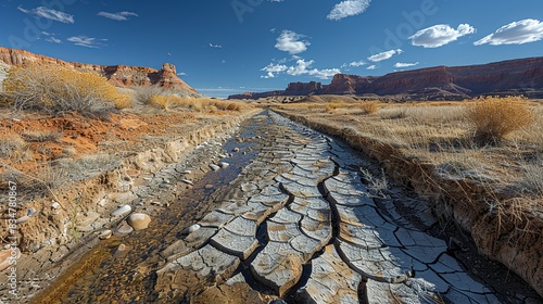 A cracked and parched riverbed amidst a drought-stricken landscape, illustrating the consequences of climate change-induced water scarcity. photo