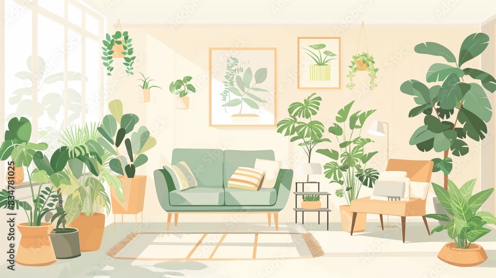 Fototapeta premium Green living room with abundant plants and sunlight illustration.