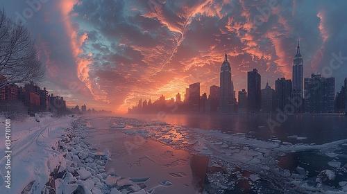 A polar vortex descending over a city skyline, demonstrating the disruptive effects of extreme weather events linked to climate change. photo