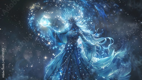 Celestia, Goddess of Stars: A cosmic figure with a gown of stardust, holding a constellation orb photo