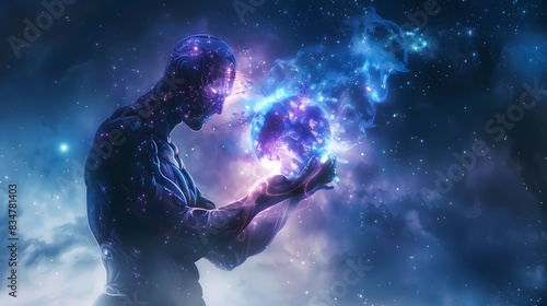 Nebulos, God of Nebulas: A cosmic figure with a nebulous aura, holding a galaxy orb photo