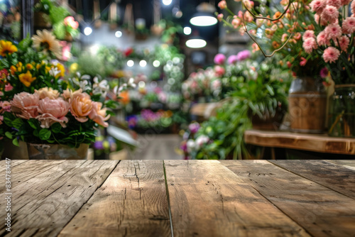 A wooden counter in the foreground with a blurred background of a flower shop. The background features various bouquets, potted plants, floral arrangements, and a colorful, fragrant display. © grey