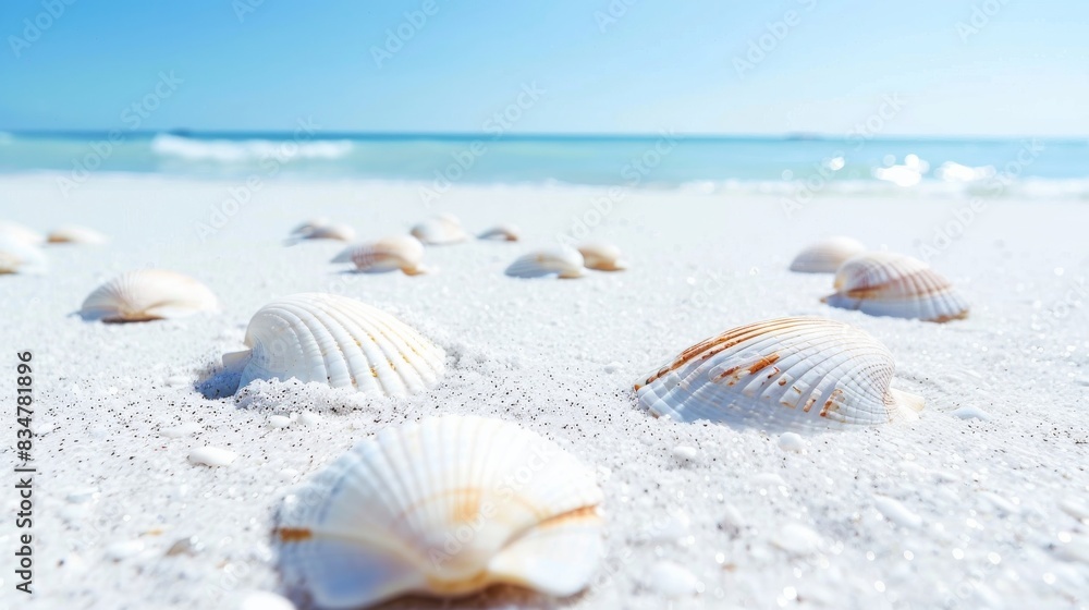 A clean white beach with sand, blue sky and calm sea in the background. Shells scattered on the sandy shore A clean white beach with sand, blue sky and calm sea in the background. Shells scattered on the sandy shore
