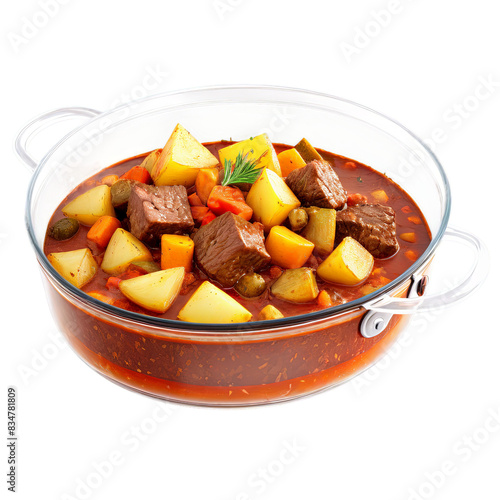 Beef Goulash in a transparent glass pan on a gas stove, shot from a 45-degree angle, with tender beef chu