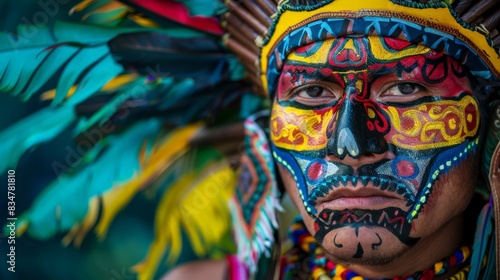 A close-up of a man's face wearing a colorful headdress and face paint. photo