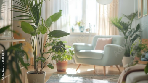 Sunlit living room with lush green plants and comfortable armchair.