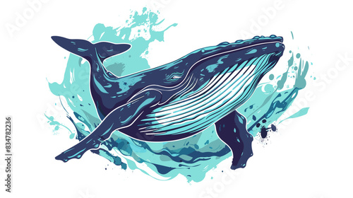 Whale vector illustration. Hand drawn whale in blue water splash background