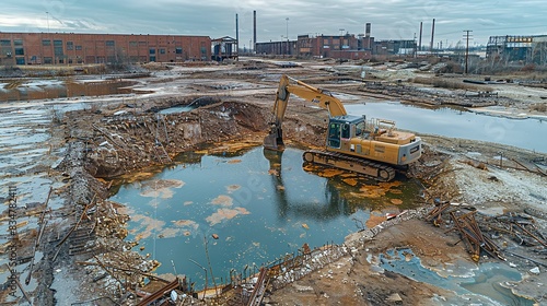 A contaminated industrial site undergoing remediation, showcasing efforts to mitigate pollution and restore degraded environments.