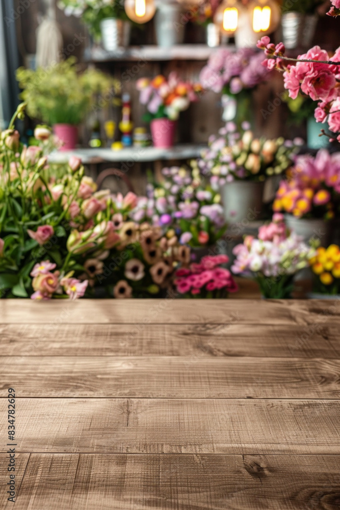 A wooden counter in the foreground with a blurred background of a flower shop. The background features various bouquets, potted plants, floral arrangements, and a colorful, fragrant display. A wooden counter in the foreground with a blurred background of a flower shop. The background features various bouquets, potted plants, floral arrangements, and a colorful, fragrant display.
