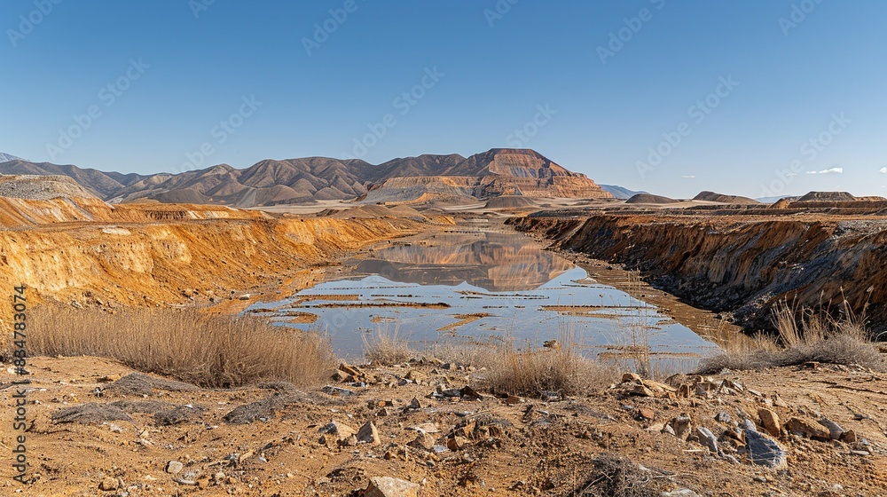 A barren landscape scarred by strip mining activities, highlighting the ecological devastation wrought by extractive industries. A barren landscape scarred by strip mining activities, highlighting the ecological devastation wrought by extractive industries.