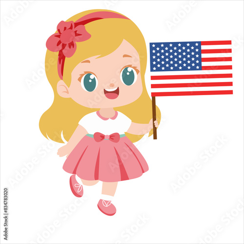 Cute little blonde girl holding American flag. Funny cartoon kid character with US flag for Independence Day 4th July or election. Vector illustration isolated on white background