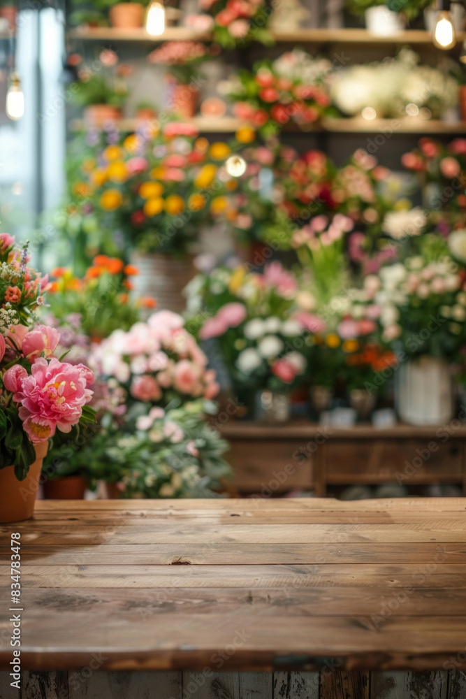 Obraz premium A wooden counter in the foreground with a blurred background of a flower shop. The background features various bouquets, potted plants, floral arrangements, and a colorful, fragrant display.