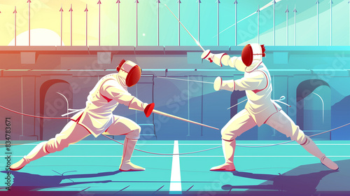 Olympic Fencing Showdown: Cartoon Fencers Duel with Épées on Stylish Piste photo