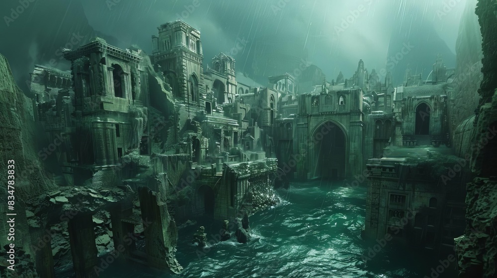 Explore a mysterious, underwater city viewed from the rear, blending psychological concepts with creative camera angles Explore a mysterious, underwater city viewed from the rear, blending psychological concepts with creative camera angles