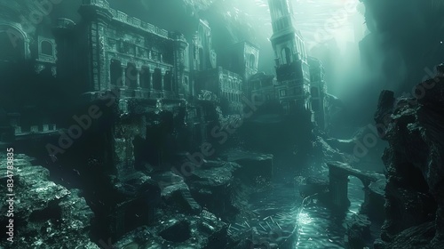 Explore a mysterious  underwater city viewed from the rear  blending psychological concepts with creative camera angles