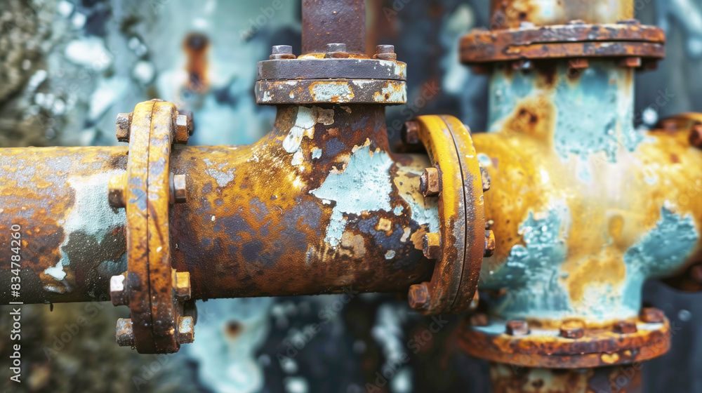 An old rusty water or sewer pipe connected to a common pipe through a joint. Replacing metal pipes An old rusty water or sewer pipe connected to a common pipe through a joint. Replacing metal pipes
