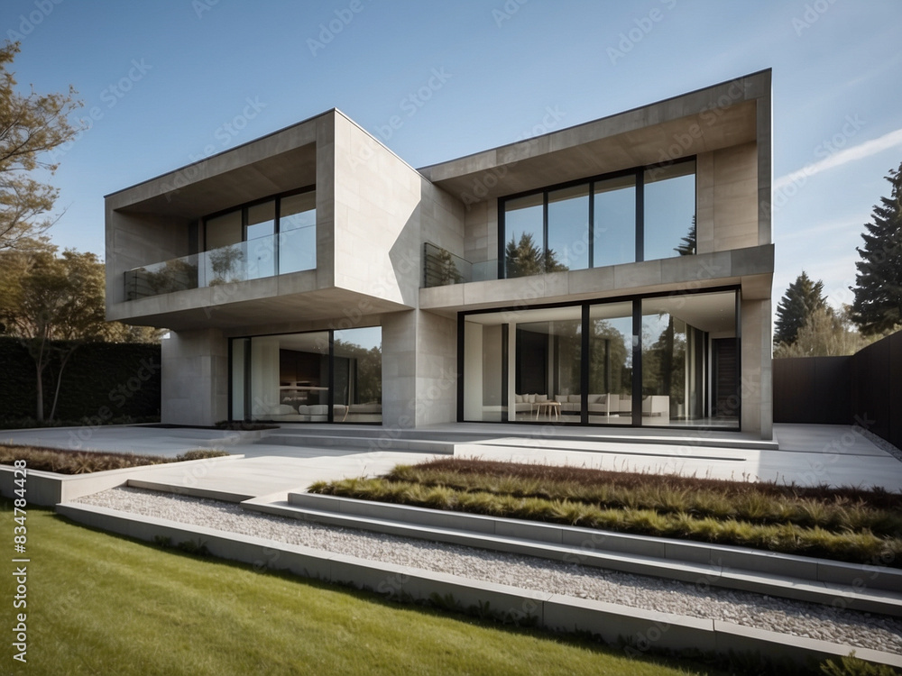 A stylish modern house built with exposed concrete walls and expansive windows. A stylish modern house built with exposed concrete walls and expansive windows.